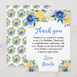 Cartão De Agradecimento Azul e Amarelo Floral Aniversário