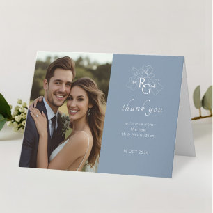 Cartão De Agradecimento Azul e Branco Casamento dobrado de fotos em chic