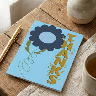 Cartão de Agradecimento Azul e Dourado com Flor Na