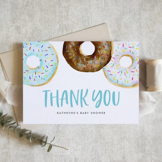 Cartão De Agradecimento Azul e Rosquinhas brancas, aspersão (Customizable thank you card featuring watercolor sprinkles donuts. Perfect for all events. )