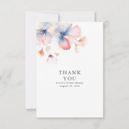 Cartão De Agradecimento Azul Empoeirado e Floral Rosa Obrigado