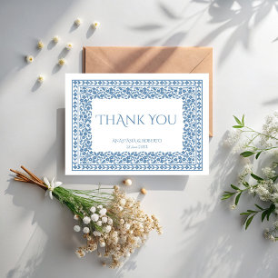 Cartão De Agradecimento Azul empoeirado floral vintage fronteira boho 
