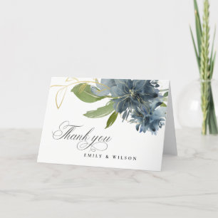 Cartão De Agradecimento AZUL ESCURO Dourado Floral Água-Marinha Casamento