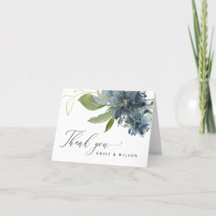 Cartão De Agradecimento AZUL ESCURO Dourado Floral Água Verde Casamento Aq
