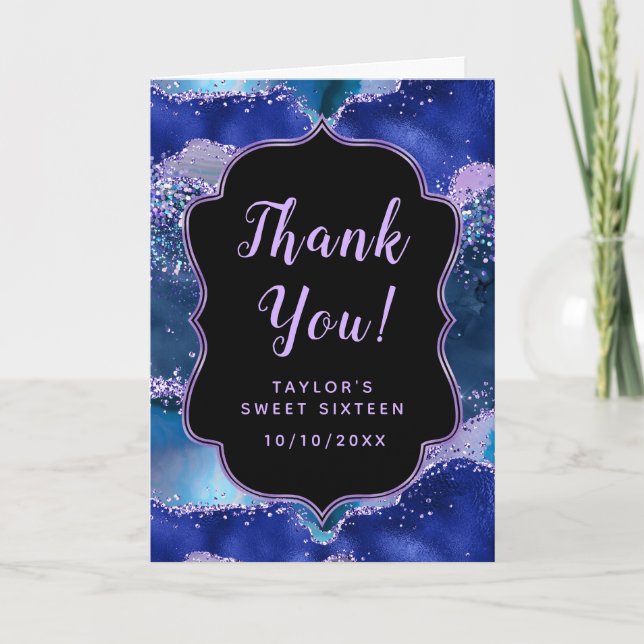 Cartão De Agradecimento Azul Escuro e Agato do Oceano Roxo Doce Dezesseis (Frente)