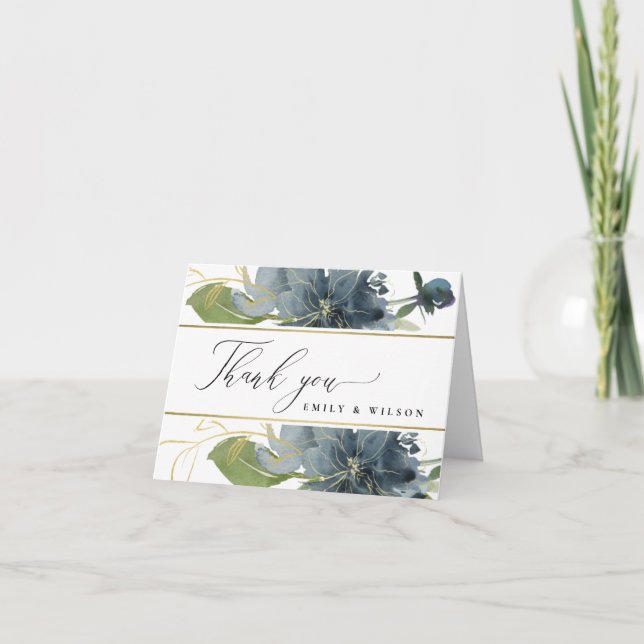 Cartão De Agradecimento AZUL ESCURO OURO VERDE FLORAL Aquarela CASAMENTO (Frente)