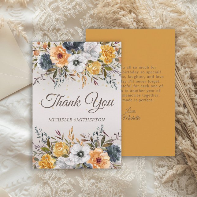 Cartão De Agradecimento Azul-Marinho-Amarelo-Brilhante Azul Aniversário (Elegant mustard yellow and navy blue watercolor floral birthday party thank you card)