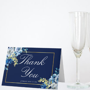 Cartão De Agradecimento Azul Marinho Dourado Floral Elegante Branco Dobrad