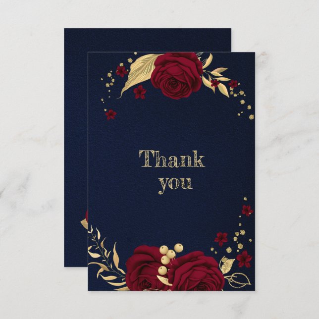 Cartão De Agradecimento azul-marinho floral de ouro burgundy (Frente/Verso)