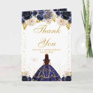 Cartão De Agradecimento Azul Marinho Floral Princesa Quinceañera