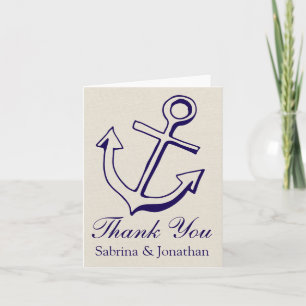 Cartão De Agradecimento Azul Marinho Náutico Bege Obrigado Âncora de Navio