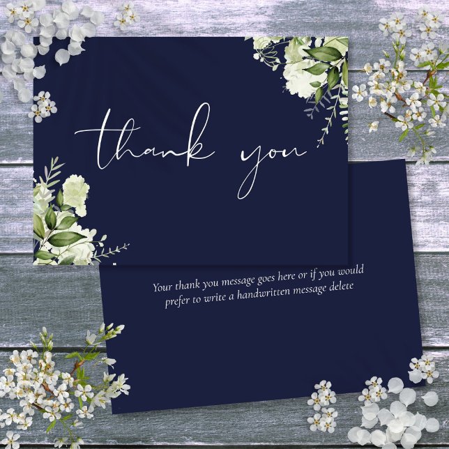 Cartão De Agradecimento Azul Marinho Personalizado Folhagem Elegante Rotei (Personalized Navy Blue Greenery Elegant Script Thank You Card)