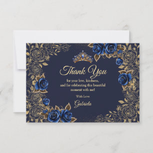 Cartão De Agradecimento Azul Marinho Quinceañera Tiaras Douradas Rosas Flo