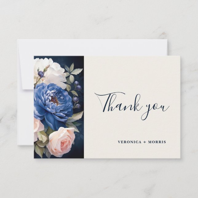 Cartão De Agradecimento Azul Marinho & Rosa Floral Casamento  (Frente)