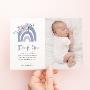 Cartão De Agradecimento Azul Poento e Roxo Foto de Chá de Bebê Arco-íris