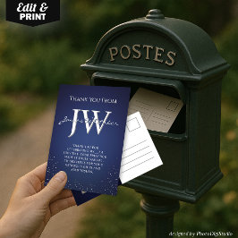 Cartão de Agradecimento Azul Prateado com Iniciais