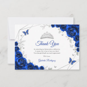 Cartão De Agradecimento Azul Real Floral de Prata Quinceanera