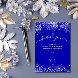 Cartão De Agradecimento Azul real prata brilho faíscas script