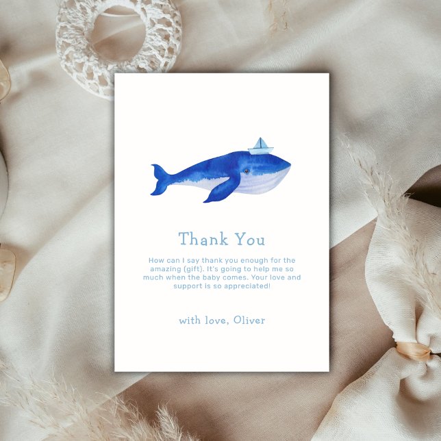 Cartão De Agradecimento Azul Simples Sob O Chá de fraldas De Baleia (Blue Simple Under The Sea Whale Baby Shower Thank You Card)