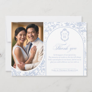 Cartão De Agradecimento Azul Suave Floral Chinoiserie Monograma Casamento