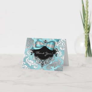 Cartão de Agradecimento Azul Teal Preto Damasco