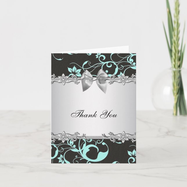 Cartão de Agradecimento Azul Turquesa Preto Damask (Frente)