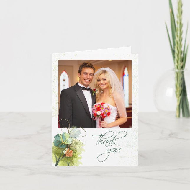 Cartão De Agradecimento Azul verde turquesa + floral de pêssego casamento  (Frente)