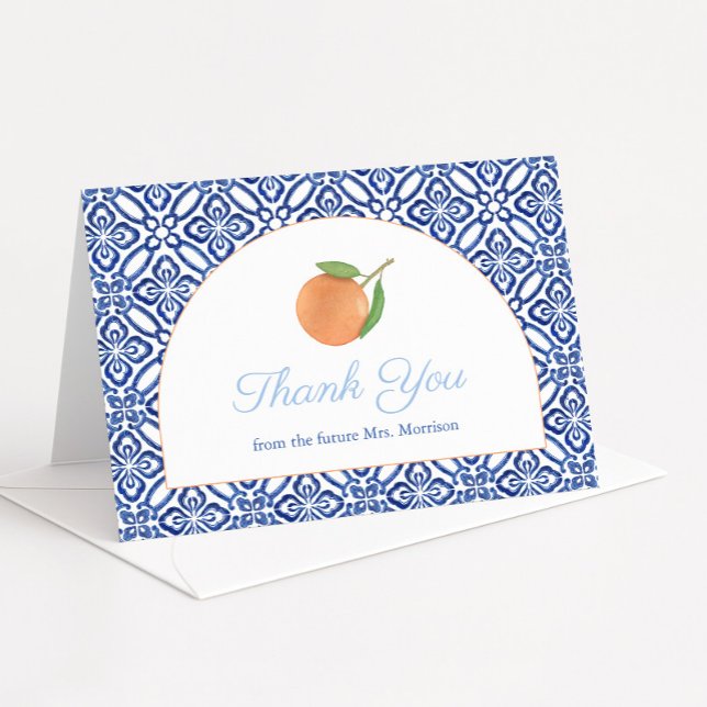 Cartão De Agradecimento Azulejo  Azul Arch Moderno Chá de panela Citrus (Modern arch with antique blue and white Italian tiles & single orange wedding shower thank you cards)