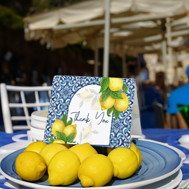 Cartão De Agradecimento Azulejo azul limão Amalfi Positano Italiano (Blue tiles lemon Amalfi Positano Italian Thank You Card Mediterranean themed wedding bridal shower)