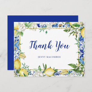 Cartão De Agradecimento Azulejo de mosaico azul-palha-limão branco