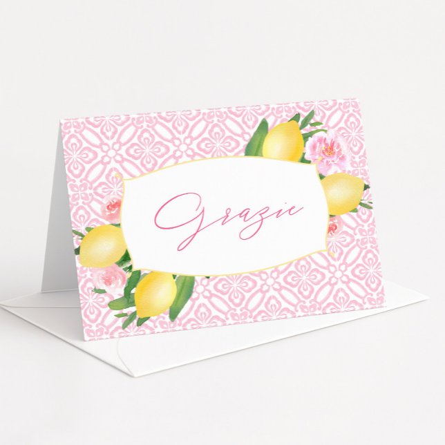Cartão De Agradecimento Azulejo Rosa Graze — Chá de fraldas de Lemons de A (Grazie thank you card design with pink vintage-inspired tiles, watercolor lemons and pink flowers)