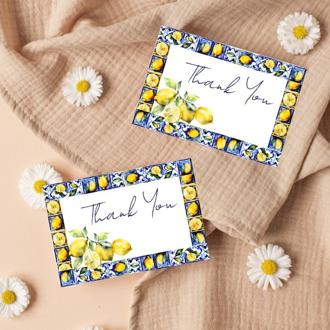 Cartão De Agradecimento Azulejos azuis Amalfi Positano chá de panela limõe (Amalfi Positano blue tiles and lemons thank you card for bridal shower wedding thank you card)