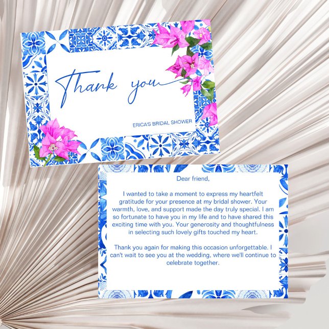 Cartão De Agradecimento Azulejos Azuis Bougainvillea chá de noiva elegante (Blue Tiles Bougainvillea Mediterranean elegant bridal shower Thank You Card )