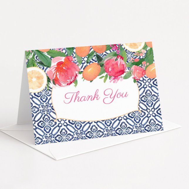 Cartão De Agradecimento Azulejos Azuis e Rosas Mediterrâneos para Chuveiro (Vibrant Mediterranean theme thank you card design)