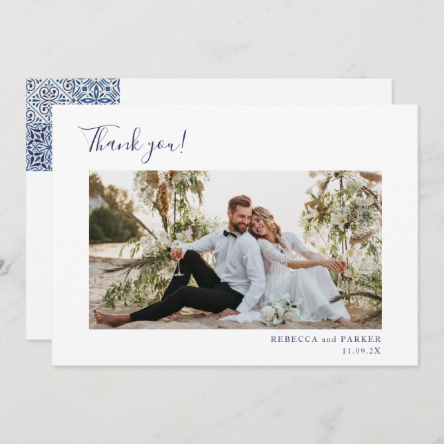 Cartão De Agradecimento Azulejos azuis elegante Casamento Obrigado foto (Frente/Verso)