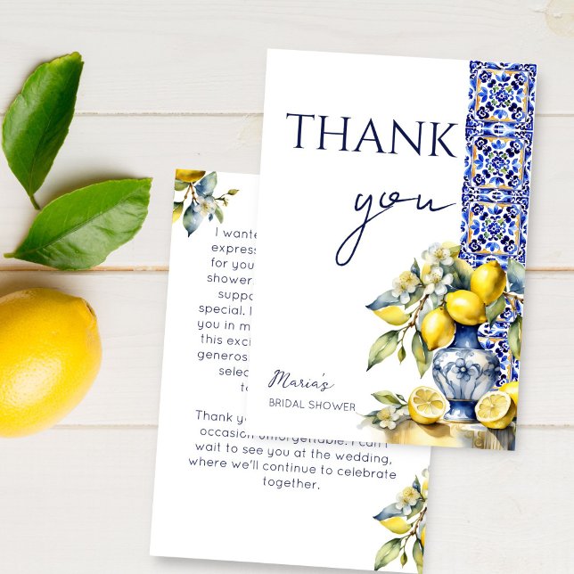 Cartão De Agradecimento Azulejos azuis italianos Amalfi chá de panela limõ (Amalfi Italian Vietri blue tiles lemons bridal shower Thank You Card Mediterranean ceramic vase)