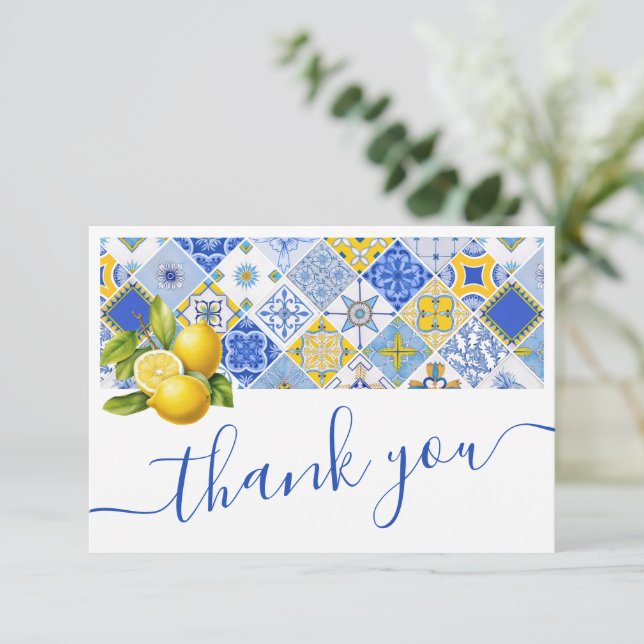 Cartão De Agradecimento Azulejos Azuis Italianos Chuveiro de Noiva de Limã (Em pé/Frente)
