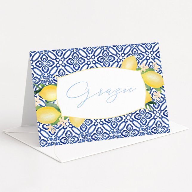 Cartão De Agradecimento Azulejos Azuis Italianos de Limões em Aquarela Gra (Grazie watercolor lemons blue tiles Italian theme bridal shower thank you card)