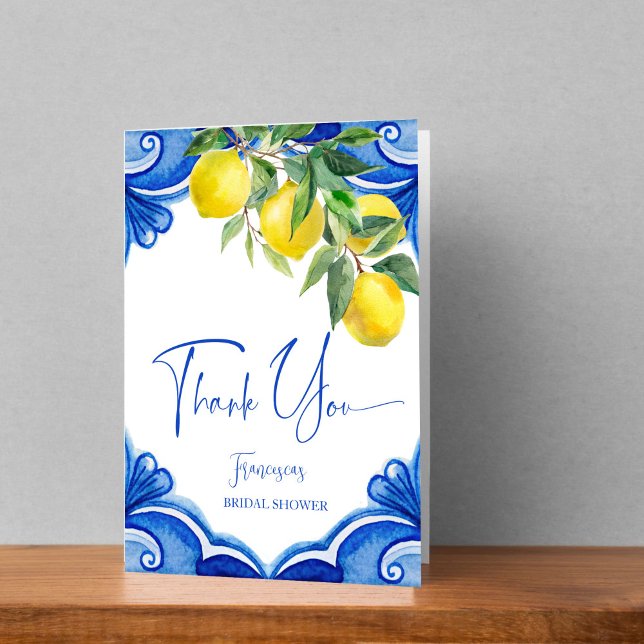 Cartão De Agradecimento Azulejos azuis limões chá de panela italiano (Vintage Italian Blue maiolica tiles lemons Mediterranean bridal shower Thank You Card)