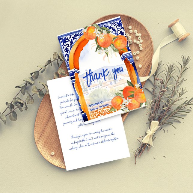 Cartão De Agradecimento Azulejos laranja azul talavera chá de noiva (Orange blue azulejo talavera Spanish tiles summer citrus bridal shower thank you card)