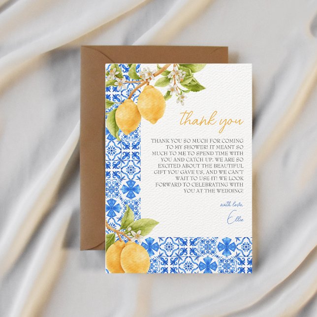 Cartão De Agradecimento Azulejos mediterrânicos Itália Chá de panela Lemon (birdal shower main squeeze thank you card)