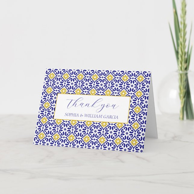 Cartão De Agradecimento Azulejos Portugueses Casamento Floral Azul Obrigad (Frente)