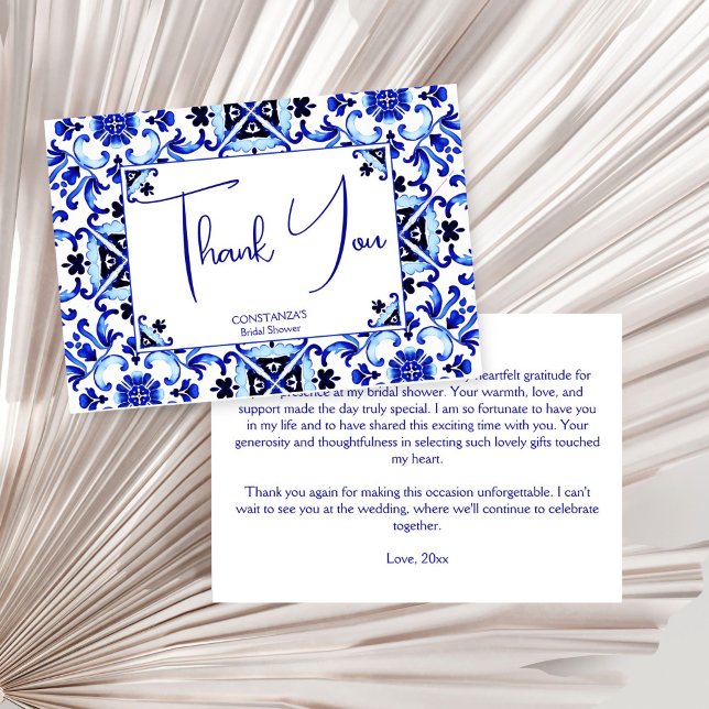 Cartão De Agradecimento Azulejos Talavera azuis festa mexicana de noiva (Talavera azulejo Mexican blue tiles bridal shower Thank You Card maiolica Mediterranean wedding )