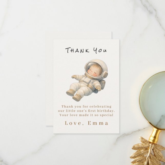 Cartão De Agradecimento Baby Astronaut First Birthday Thank You Card (Frente/Verso In Situ)