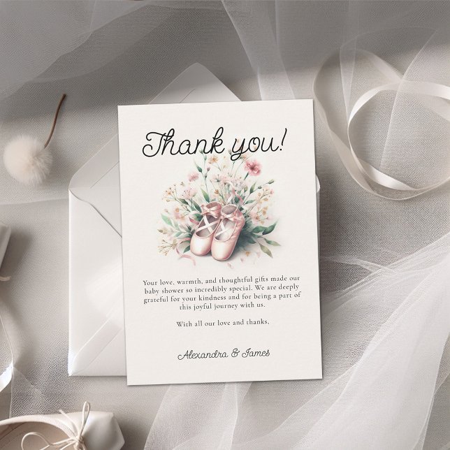Cartão De Agradecimento Baby Ballerina Calçados Flor Selvagem Fita Chá Gar (ballerina baby shower thank you card girl ballet shoes wildflowers watercolor cute adorable girl)