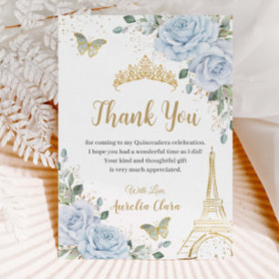 Cartão De Agradecimento Baby Blue Floral Eiffel 16º Aniversário Quinceañer