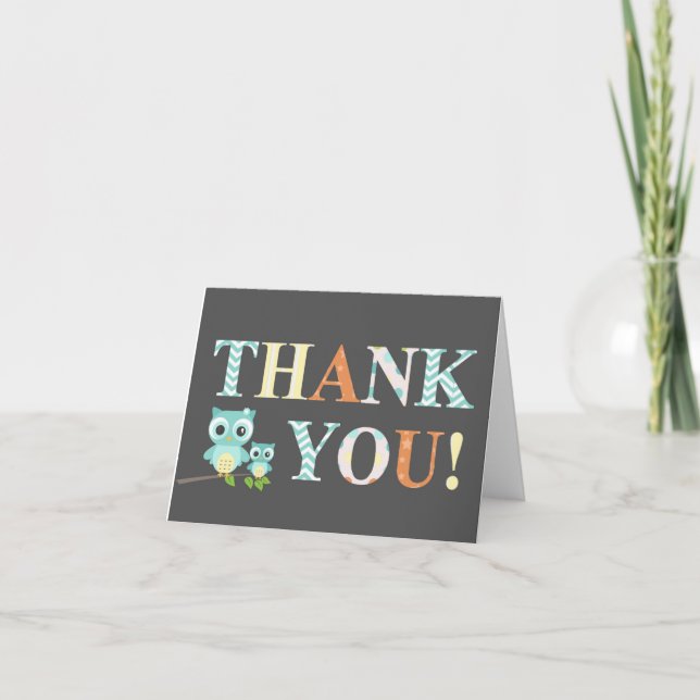 Cartão De Agradecimento Baby Boy Blue Owl Thank yoU Card (Frente)