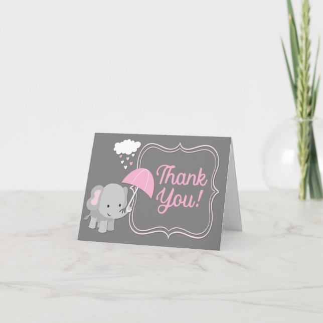 Cartão De Agradecimento Baby Elephant Girl Baby Shower Pink Thank You Note (Frente)