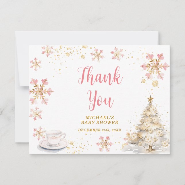 Cartão De Agradecimento Baby Is Brewing Pink Winter Tea Party Baby Shower (Frente)