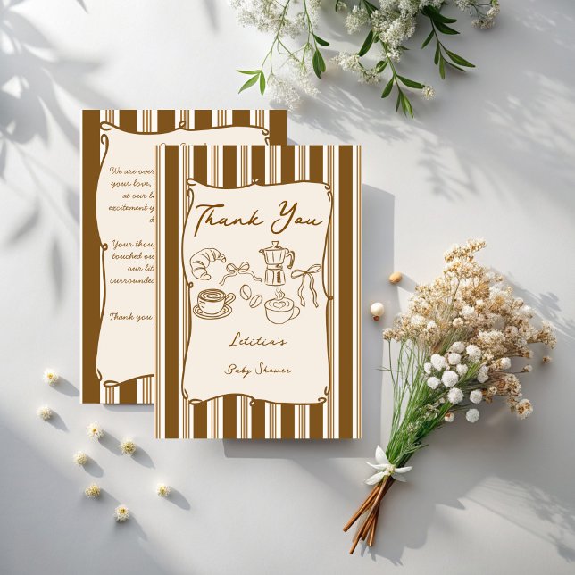 Cartão De Agradecimento Baby is brewing retro stripes coffee baby shower (Baby is brewing retro stripes coffee baby shower thank you card hand drawn coffee baby shower )